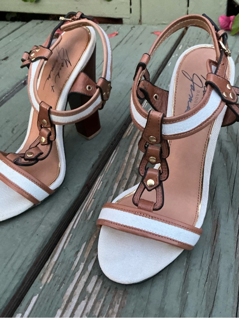 Badgley Mischka White and Tan Leather-Trim Block Heel Sandals